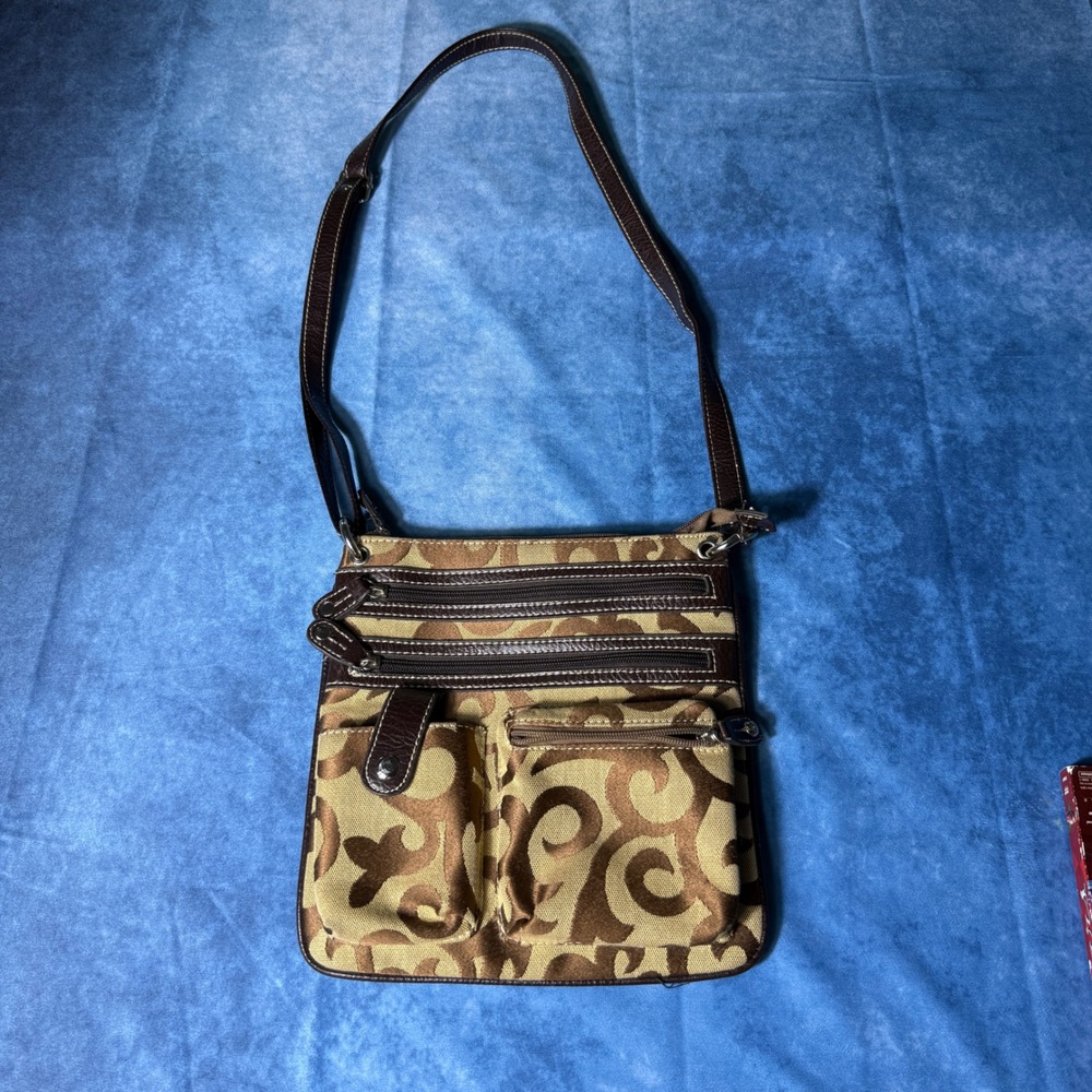 Y2K Brown Tan Swirl Crossbody Shoulder Bag Multi Pocket Organizer Purse